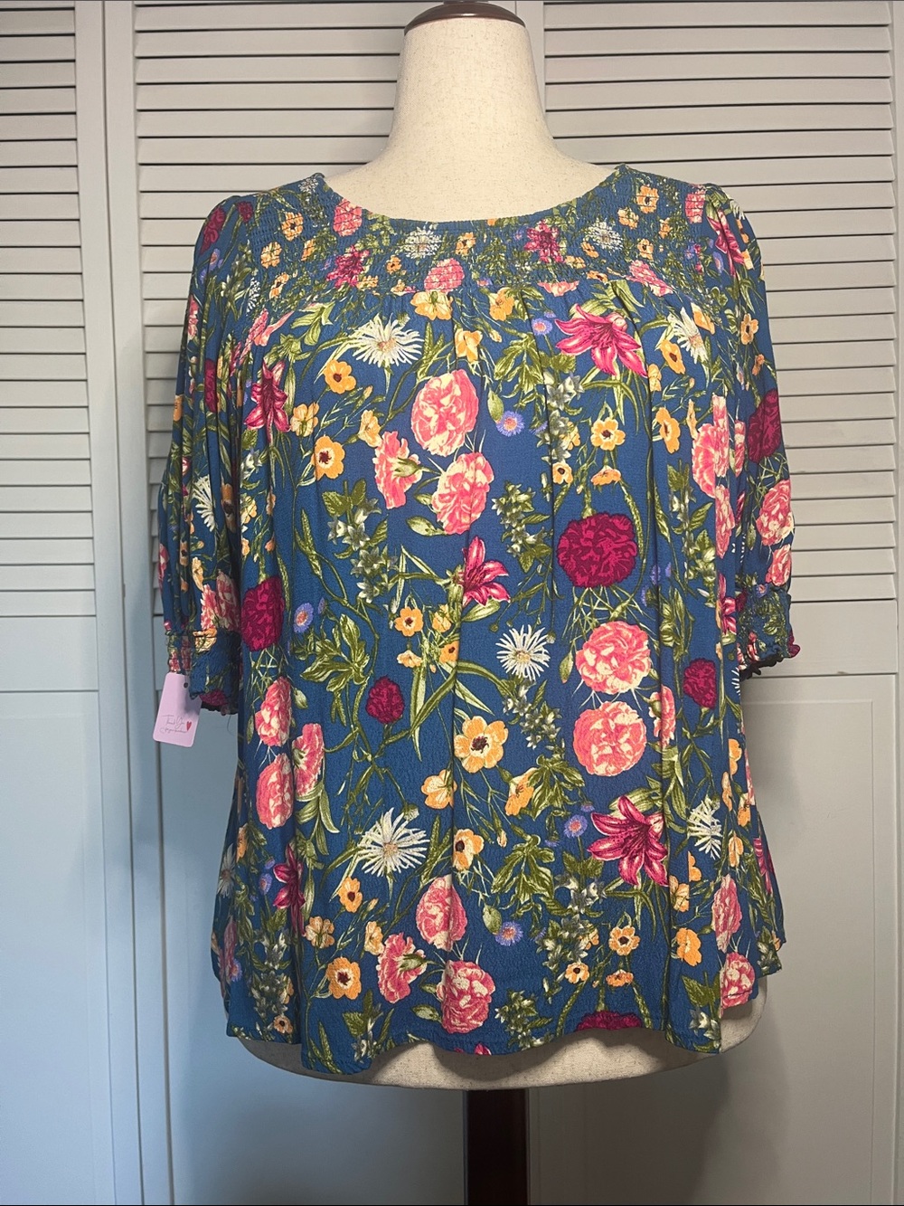 Terra & Sky Teal Blue Multicolor Floral Smocked Neck Blouse